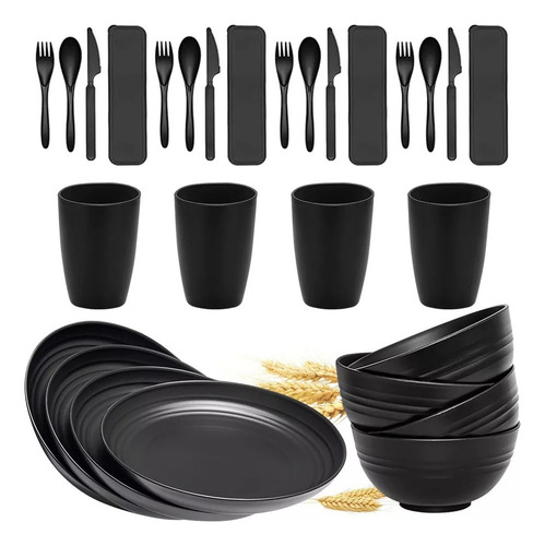 . Vajilla Juego Negro Cocina Paja Trigo Plato Tazas Kit 28pz