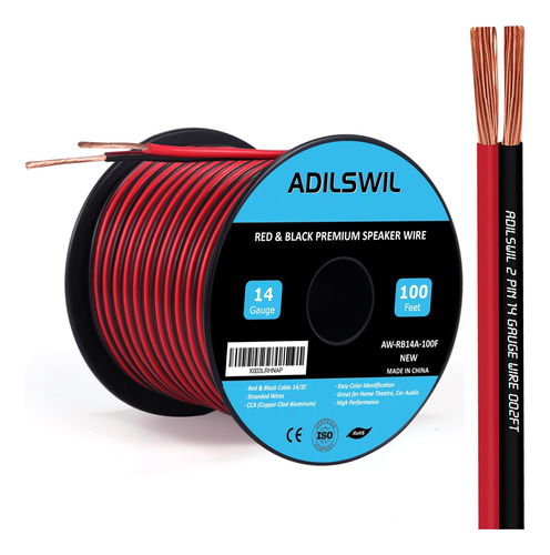 Adilswil Cable De Altavoz Calibre 14, 100 Pies, 14/2 Awg Cca