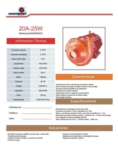 comprar Bomba Centrifuga Ihm 25 Hp 220 Volt 3ph 20a-25tw (3x2)