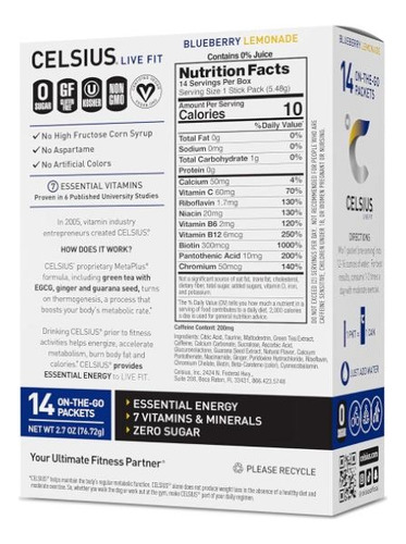 Celsius Limonada Y Arándanos 14 Pack Sin Azúcar Blueberry