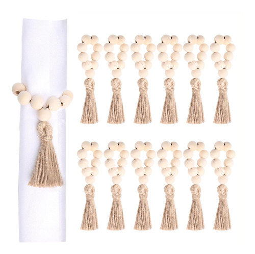 Juego 12 Servilleteros Madera Con Borlas De Cuerda