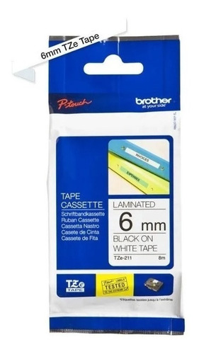 Cinta Brother Tze-211 Negro S/blanco 6mm X 8m Laminada