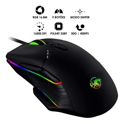 Mouse Gamer 9 Botões 16000 Dpi Dn90 Rgb Sensor Pixart 3389