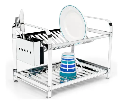 Escorredor De Louca Inox 16 Pratos Talher Inox Mak  Inox Cinza