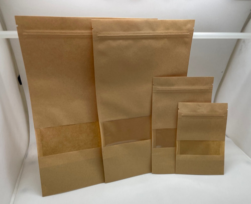 Imagen 5 de 5 de 50 Bolsas Kraft Con Ventana Cierre Hermético 20x12x3 Cm