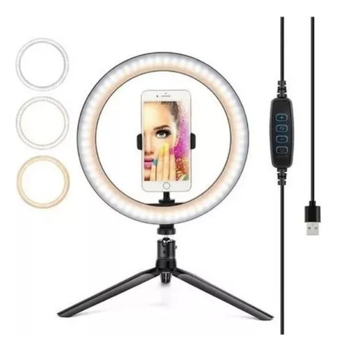 Aro De Luz Led 32 Cm Selfie Con Trípode 2.1 M Usb Color Negro