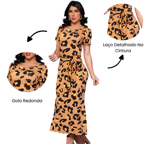 Vestido Feminino Midi Oncinha Com Fenda E Amarrção Frontal