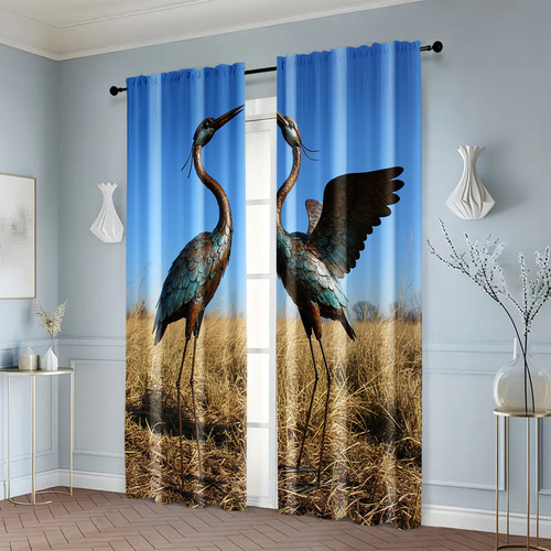 2 Peças De Cortinas De Janela, Estátua De Guindaste, Tecido