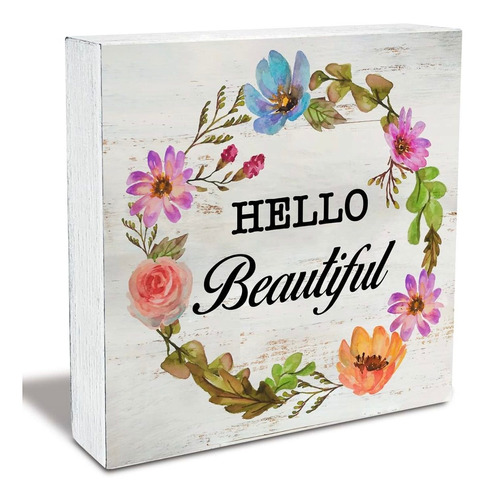 Cartel Floral Madera Diseño Hello Beautiful Wood Box Letrero