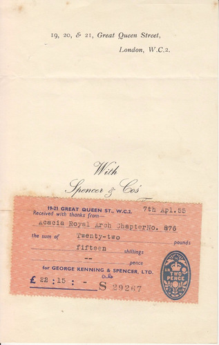 Recibo Masoneria Logia Acacia George Kenning & Spencer Ltd