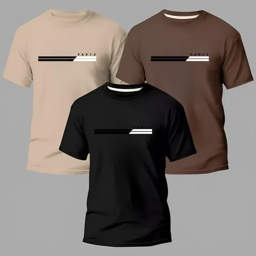 Kit 3 Camisas Masculinas 100% Algodão Premium Street Paris Multicolorido Frontal Silk Dtf Peito Logo Gráfica Juvenil Gra