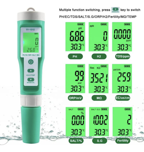 Medidor De Agua 10 En 1 Ph Ec Tds Orp Salt H2 S.g Mq F Temp