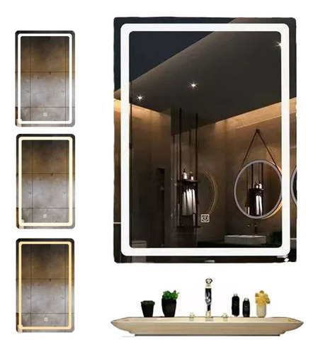 Espejo Cuadrado Del Baño 60x40 Con Táctil  Y Luz Led 3 Tonos