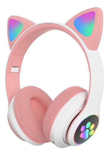 Fone de ouvido gatinho sem fio Catear D47 rosa com luz multicolor LED