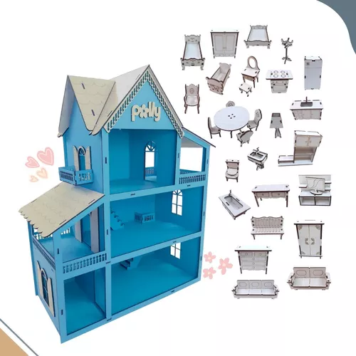 Kit Casinha Casa De Boneca + 30 Moveis Em Mdf Pintado