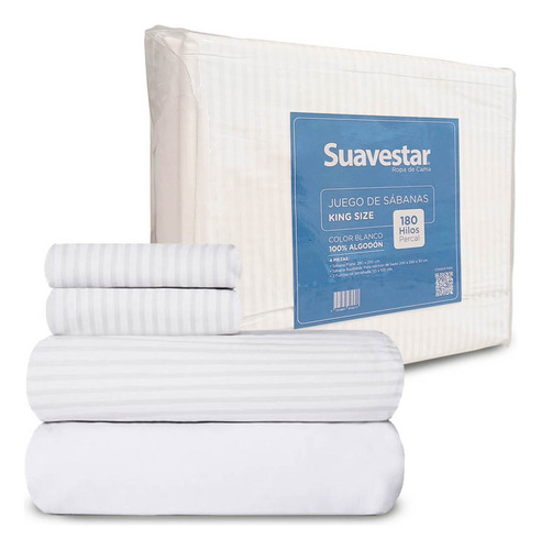 Juego De Sábanas Suavestar 180 Hilos Queen Size Color Blanco Blanco Liso / Rayas