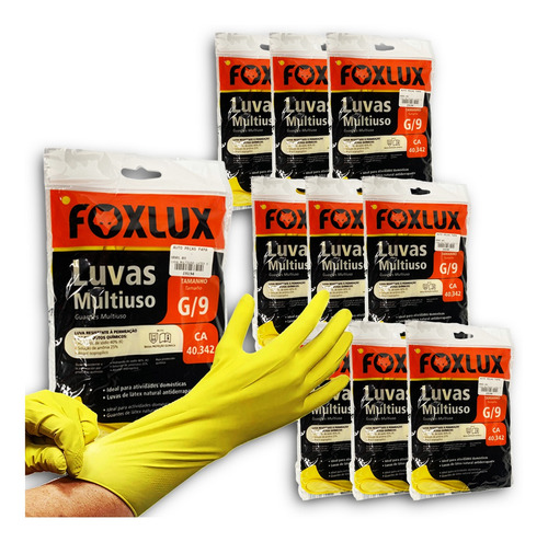 Kit 10 Pares Luvas Multiuso Latex G / 9 Foxlux Amarela