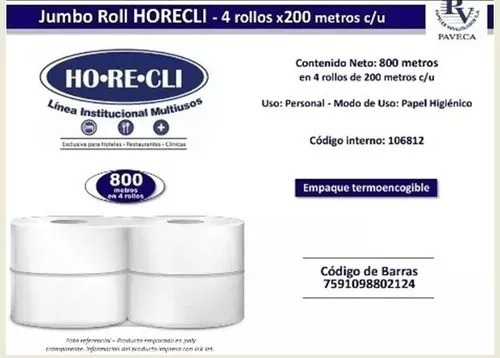 Papel Jumbo Roll 9  Horecli 4 Rollos 250 Metros C/u S/tienda