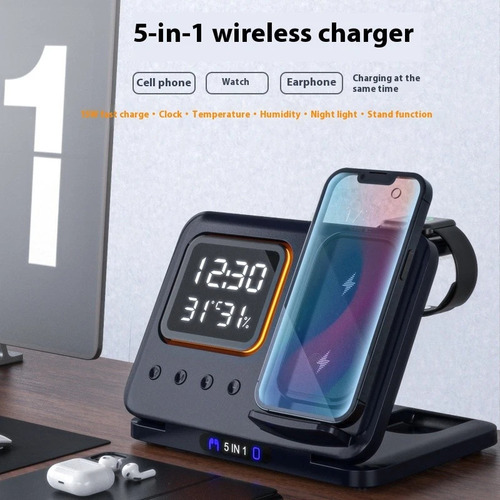 Carregador Sem Fio Indução Wireless 5 Em 1 Apple Luz Relógio