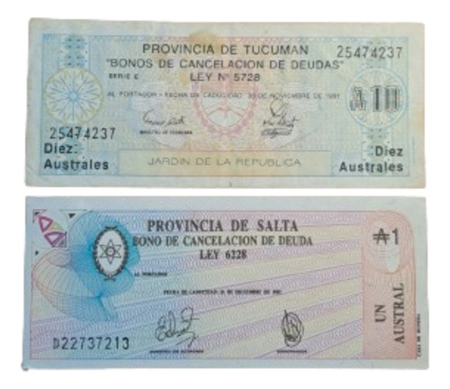 Bonos X 2 Billetes Incluye 1 Austral Salta 1987 Sc. (Usado)