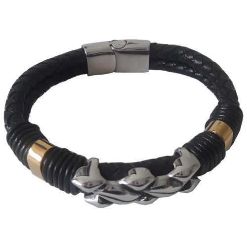 Pulseira Masculina Em Couro E Aço Fecho Imã Modelo Fashion