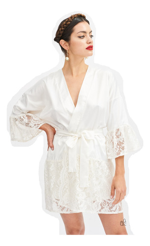 Bata Kimono De Satén Con Encaje Blanco Novia Boda Casamiento