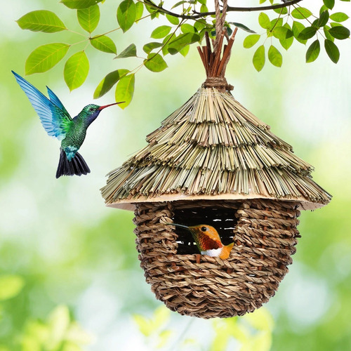 Casa De Colibrí Colgante De Hierba Natural Tejida A Mano
