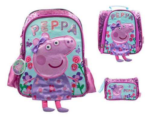 Pack Mochila Peppa Pig Flores Nido + Lonchera + Cartuchera