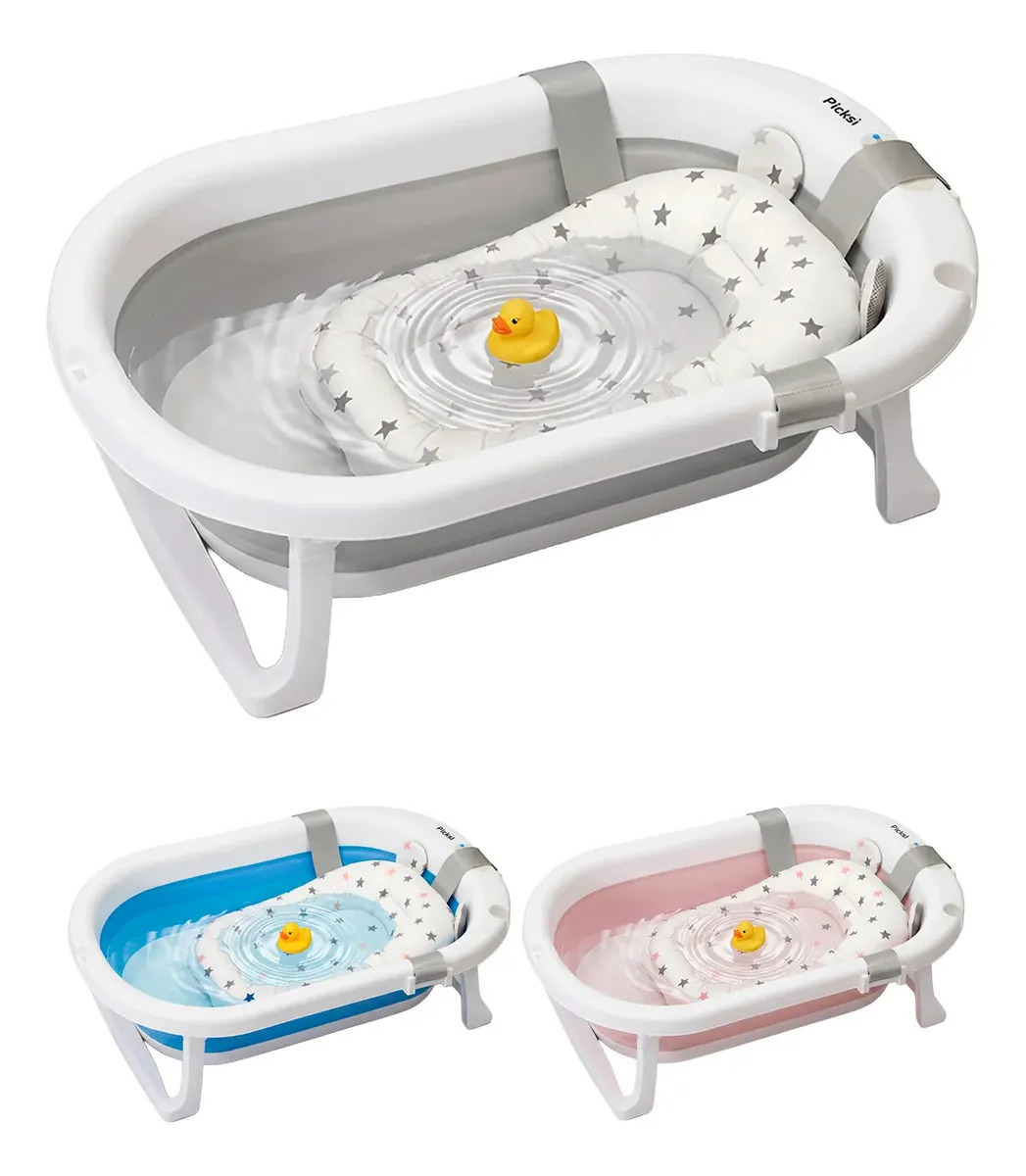 Bañera Tina Baño Bebe Plegable Con Cojín Termómetro Picksi Color Gris Gris/Blanco