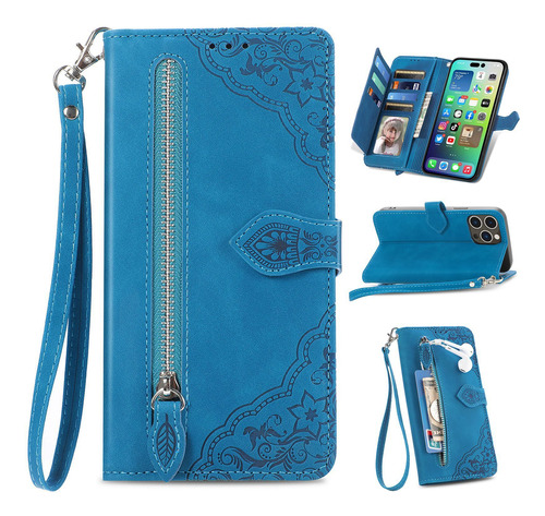 Leather Zipper Wallet Phone Case For iPhone (blue)
