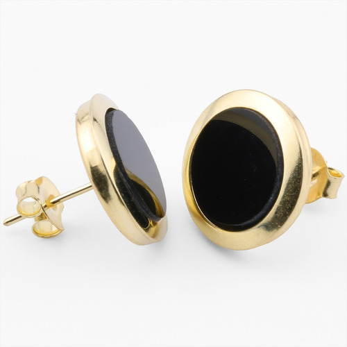Aretes Broquel Círculo De Ónix Natural Oro Solido 10k 12 Mm