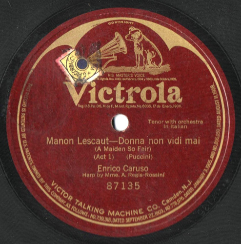 Disco Original Pasta 78 Enrico Caruso Manon Lescaut  Puccini