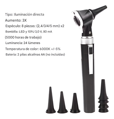 Kit Portatil Otoscopio Diagnostico Oido Luz Led Zoom X3 Negr
