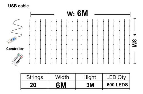 W Cadena De Luces Led De 6 X 3 Metros, 8 Modos De Luz