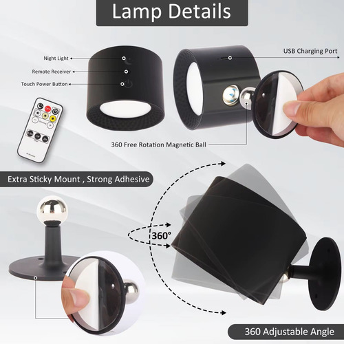 Luz Led Pared Nocturna 360 Doble Cabeza Recargable Rgb Contr Blanco