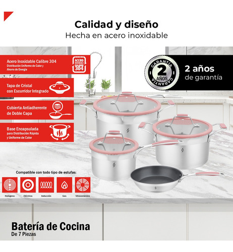 Bogner Batería De Cocina 7 Pz Acero Inox Bcps06 Rosa Rosa