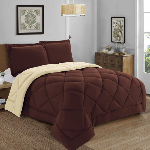 Juego De Edredón Reversible 3 Piezas Individual Marrón Crema