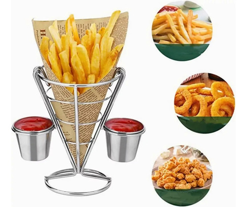 2 Cono Soporte Papas Fritas O Botana Acero Inoxidable 2 Dips