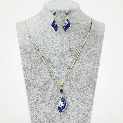 Fino collar y aretes hoja Swarovski oro 18k Lam estuche color azul