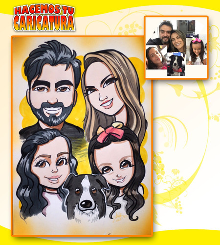 Caricatura Personalizada Familiar ( 4 Personas 2 Mascotas)