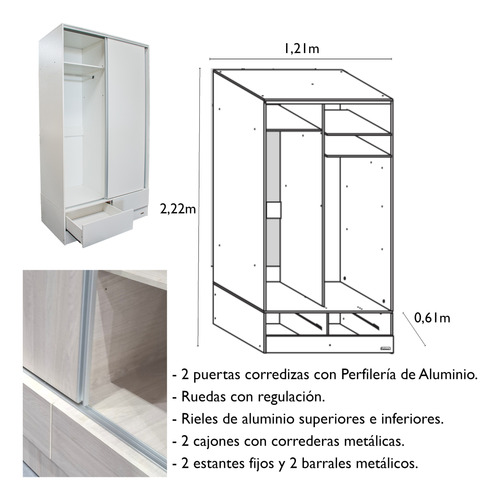 Placard 2,22 X 1,21 X 0,61 Platinum 2 Puertas Corredizas Gris Andino