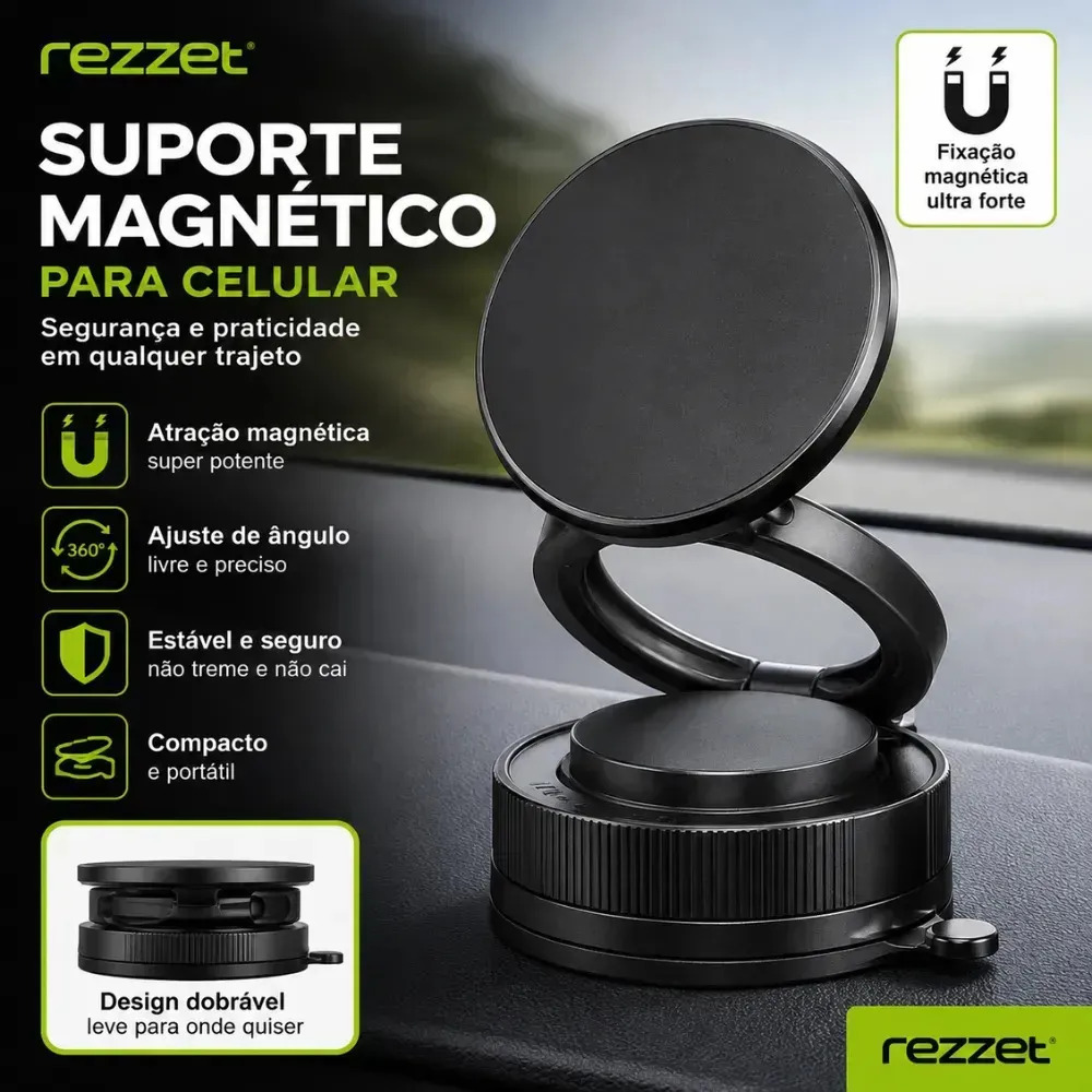 Suporte Veicular Universal Automotivo Painel Com Imã Para Celular Compatível Com Todos Smartphones 360° Grau Fixação Segura e Rápida Bahrein Base Magnético Para Carro Preto