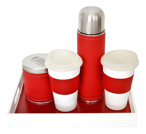 Juegos De Te Cafe Bandeja Desayuno Termo 500 Ml Liso Rojo