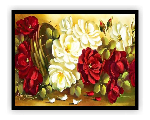Quadro Pintura Rosas Arte Moldura Preta 30x40cm