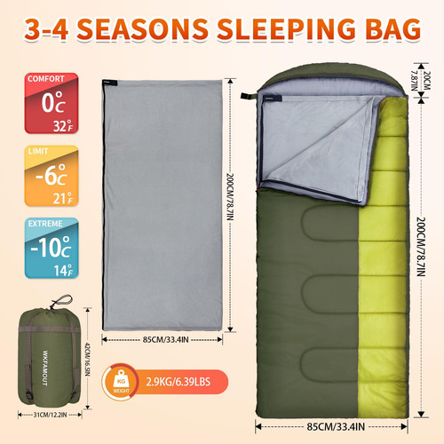 Saco De Dormir Xl 10 Grados Impermeable Para Adultos 3-4 Est