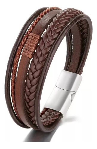 Pulsera Hombre Cuero Trenzado Marron Cierre Iman 5 En 1