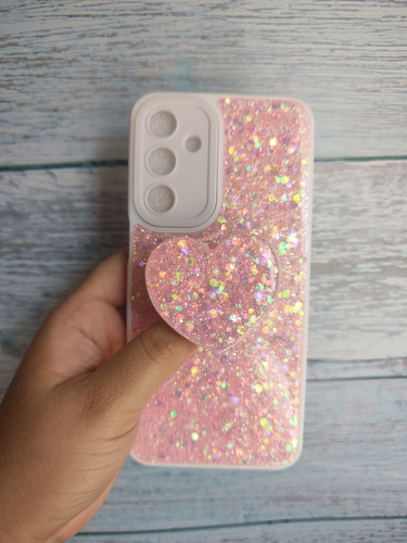 Funda De Brillo Y Pop De Corazón Para Samsung A34 Blanco-rosa