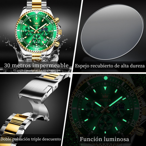Reloj De Cuarzo Para Hombre Cronógrafo Luminoso Regalos Dorado Dorado Dorado/verde