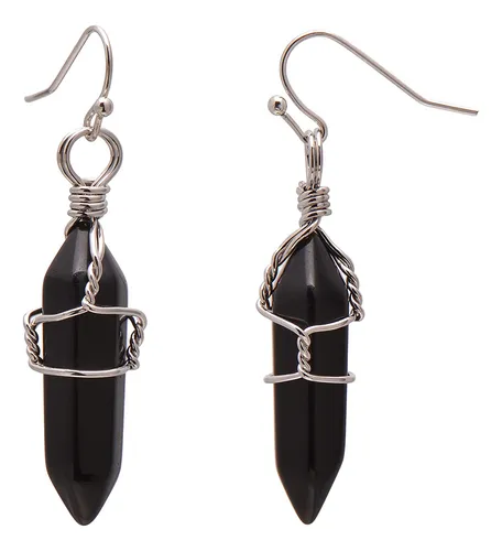 Punto De Cristal Envuelto En Alambre Negro De Onyx Pendiente