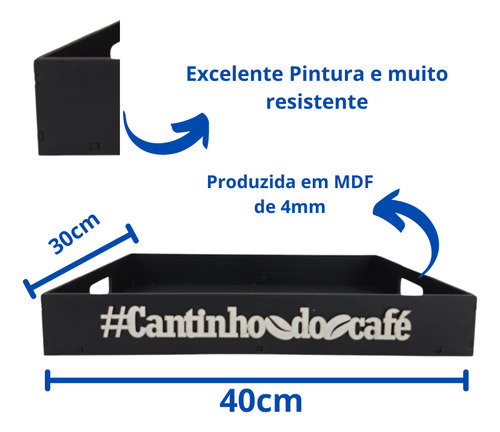 Bandeja Cantinho Do Cafe +pliques De Parede 40x30cm Preto